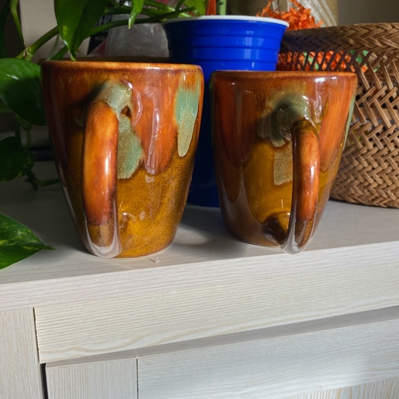 Pair of Vtg Dryden Glossy Drip Glaze Pottery Mug Brown Green Orange 4" w/ Handle - Picture 2 of 6
